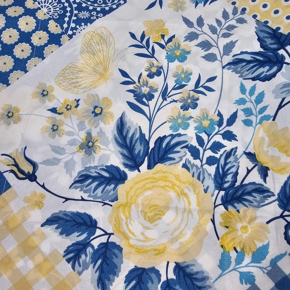 VTG Gold Coast Blue Yellow Floral Gingham Polyester Pillow Cover Set 2 Farmhouse